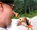 Un crabe lui pince le nez